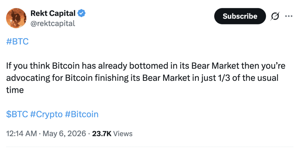 Reft most prominent retail-facing voice on Bitcoin's four-year halving cycle, and his current framework is unambiguous: 2025 was the bull peak, 2026 is the bear market year, 2027 is the bottoming-out year. He's been calling for $82,500 to act as a ceiling and warning that the current setup mirrors 2014 — a year when an early relief rally trapped bulls before a deeper leg lower.