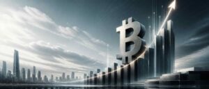 Futuristic financial skyline with a large silver Bitcoin symbol rising above dark market-chart columns, crossed by a glowing upward arrow suggesting a Bitcoin bull market.
