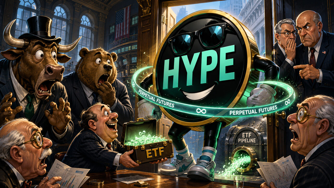 Cartoon depiction of HYPE token hype around perpetual futures and ETFs in a trading hall.