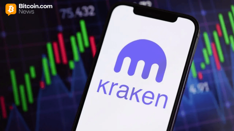 Kraken app on a smartphone in front of a crypto chart.