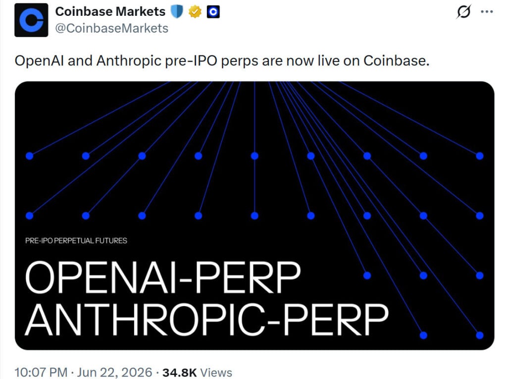 Coinbase Markets has launched pre-IPO perpetual futures for OpenAI and Anthropic, allowing eligible non-U.S. traders