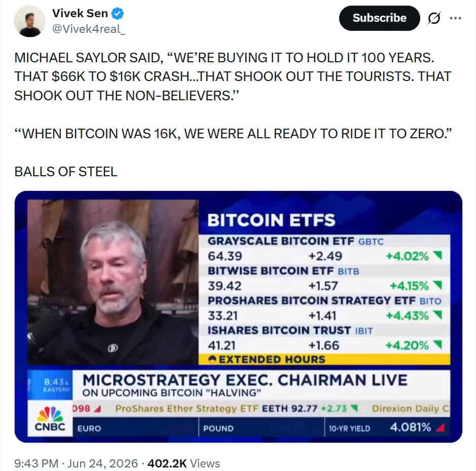 Michael Saylor said Strategy plans to hold Bitcoin for 100 years, arguing that the crash from $66,000 to $16,000 eliminated short-term investors while reinforcing long-term conviction