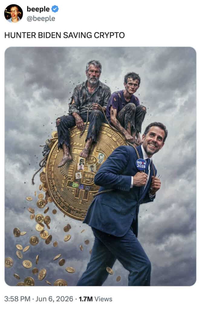 Beeple art showing Hunter biden saving crypto