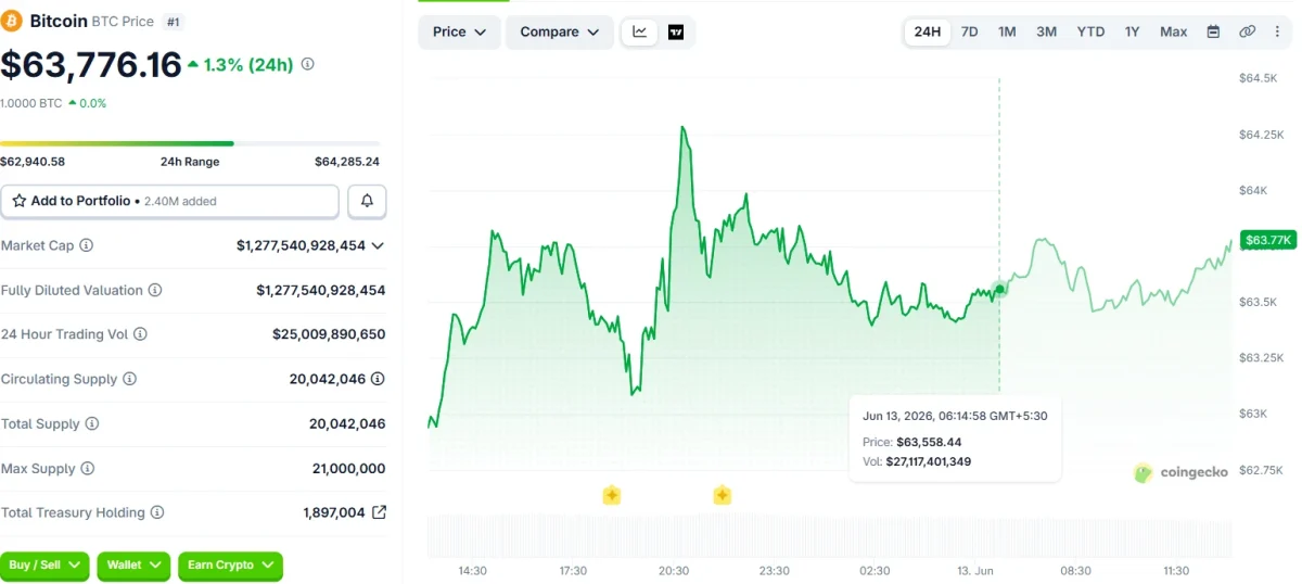 Bitcoin BTC 24-Hour Price Chart. Source: CoinGecko 