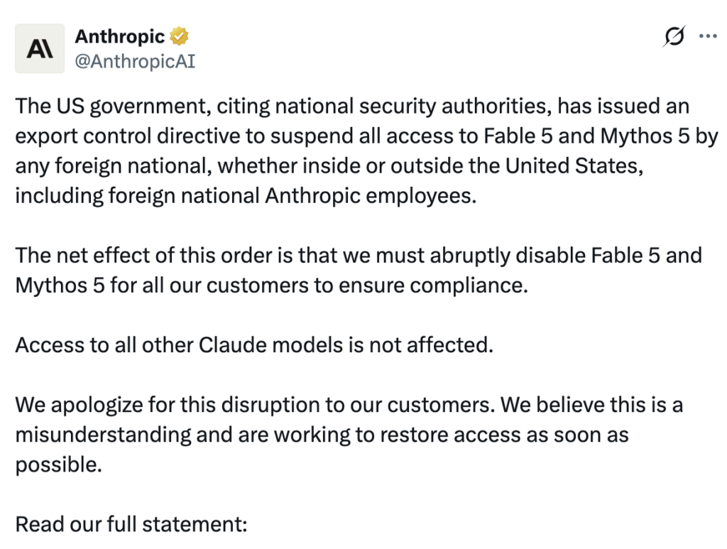 tweet confirming anthropic asked to remove access to fable and mythos by us govt