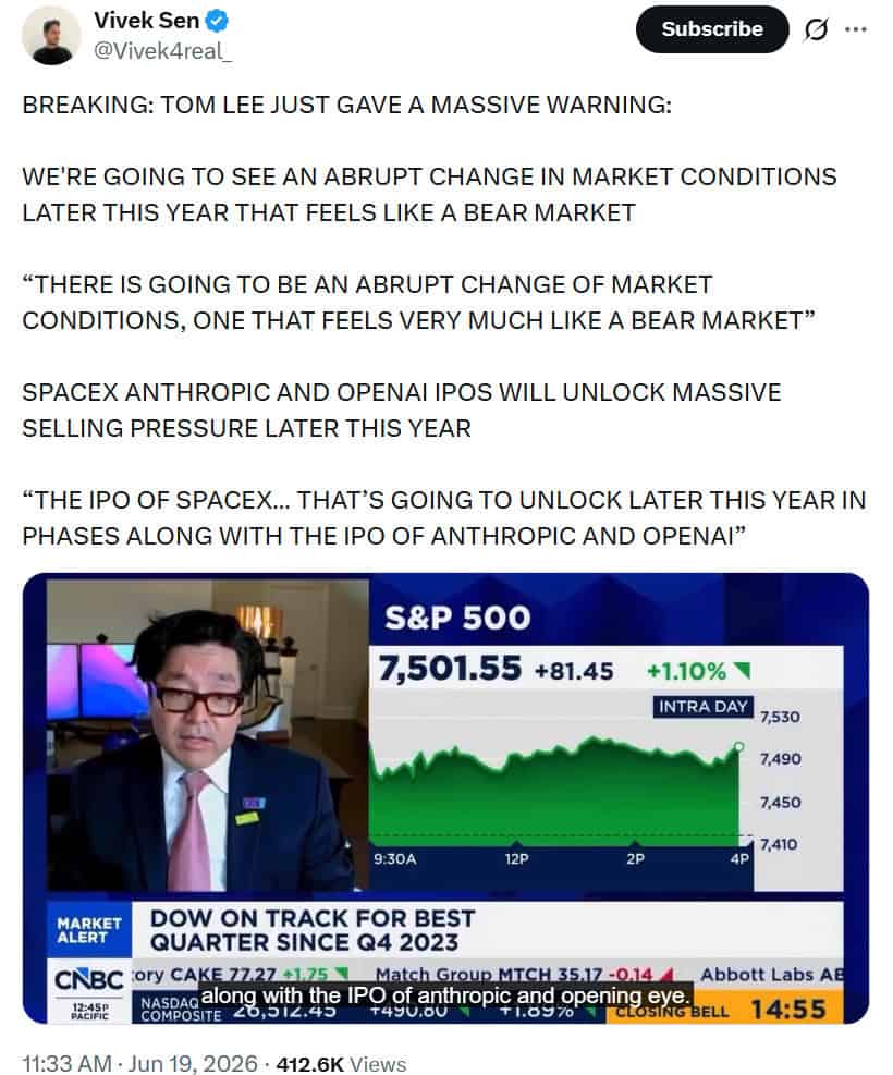 Fundstrat’s Tom Lee warned that 2026 could feel like a bear market as lockup expirations and potential IPO-related selling from SpaceX, Anthropic, and OpenAI add trillions of dollars in new equity supply
