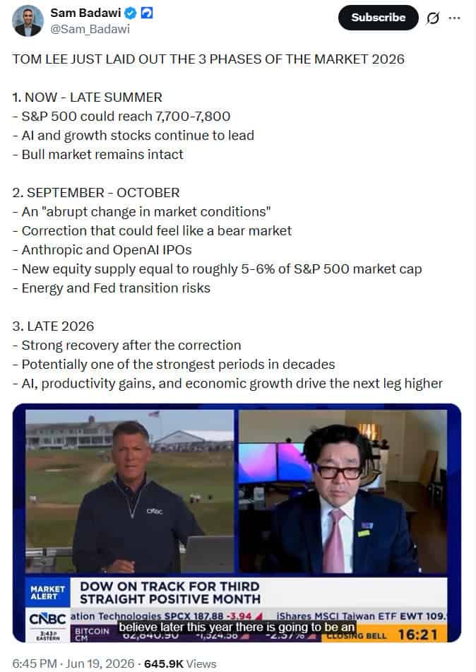 Tom Lee outlined a 2026 outlook with an S&P 500 rally to 7,700–7,800 through summer, followed by a sharp Sep–Oct correction driven by Anthropic and OpenAI IPO supply