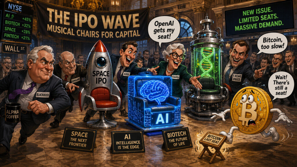 Cartoon illustration of AI IPO hype, Bitcoin, and Wall Street amid a speculative market wave.