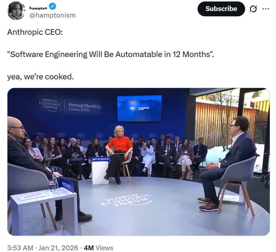 At Davos WEF 2026, Anthropic CEO Dario Amodei said AI could handle most software engineering end-to-end within 6–12 months, as engineers increasingly shift from writing to editing AI-generated code