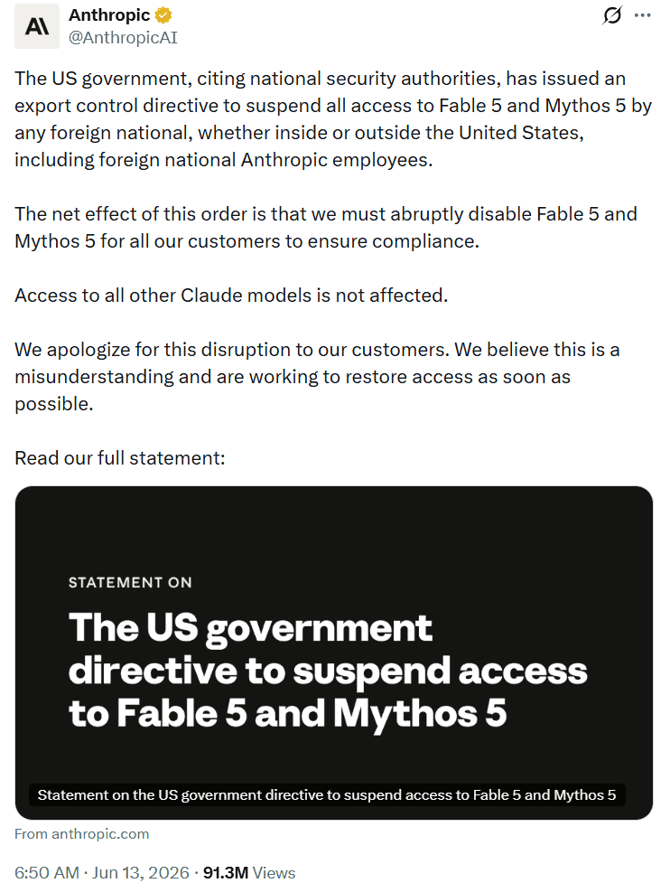The U.S. government issued an export control directive requiring Anthropic to suspend access to Fable 5 and Mythos 5 for all foreign nationals, forcing a global shutdown of the models to ensure compliance