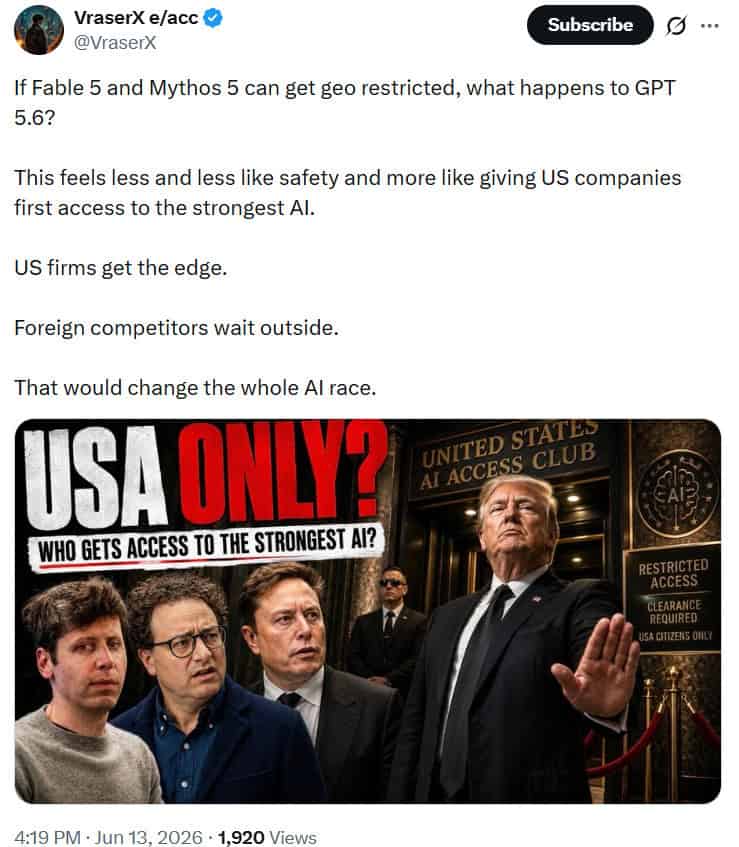 The move has drawn criticism after the U.S. ordered Anthropic to block foreign nationals from accessing its new Fable 5 and Mythos 5 AI models