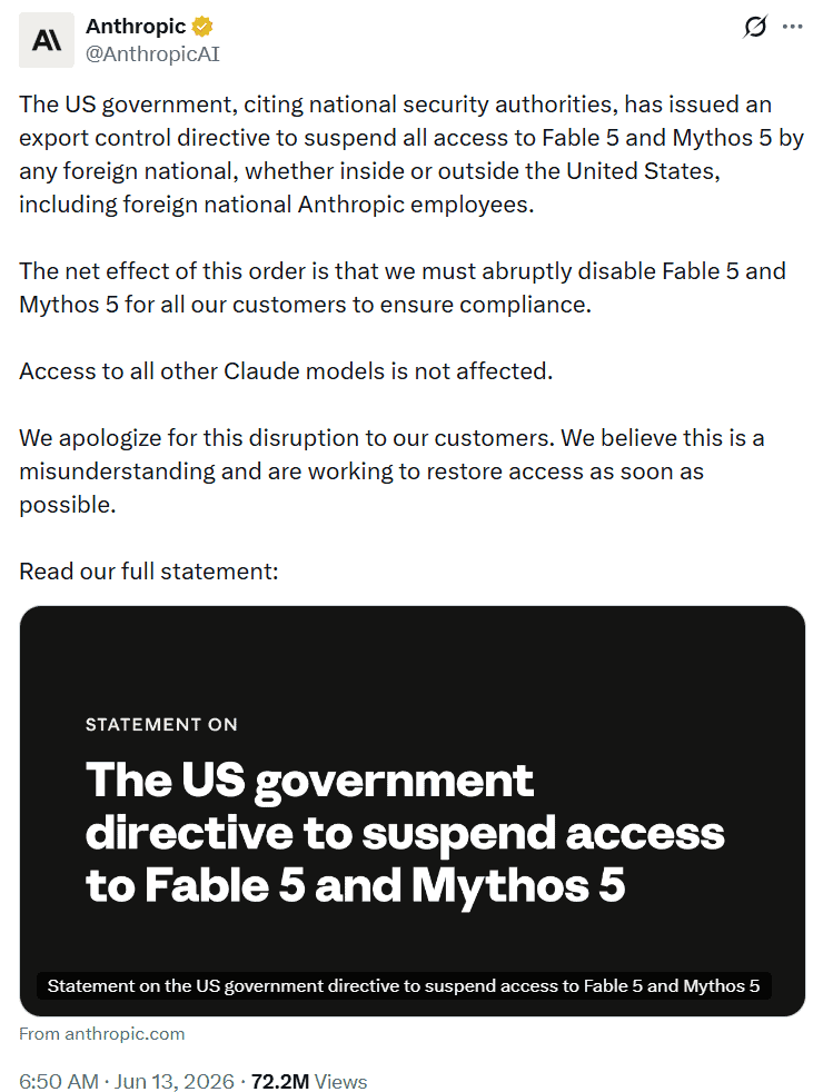 The U.S. government has ordered Anthropic to block access to Fable 5 and Mythos 5 for all foreign nationals, citing national security concerns