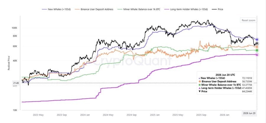 On-chain data chart shows several key support clusters below the current Bitcoin price, including Binance deposit addresses near $58,700, miner whales around $53,400, and long-term holder whales at approximately $47,300