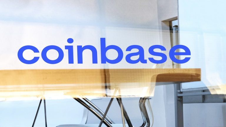 Coinbase's company logo from outside its office building.