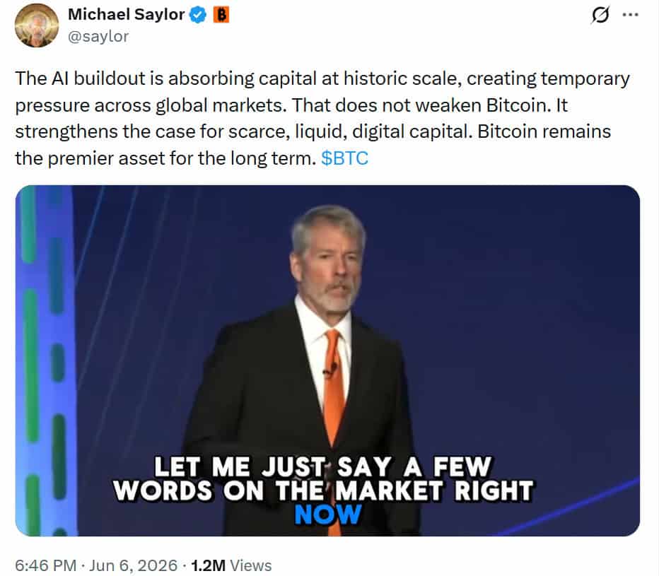 Michael Saylor says massive fundraising by AI firms such as Anthropic, Google, and SpaceX is temporarily drawing capital away from markets and weighing on Bitcoin prices