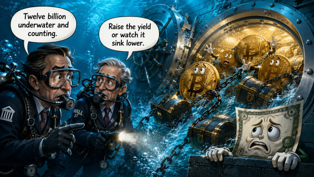 Illustration of divers inspecting a flooded Bitcoin vault with chained Bitcoin coins underwater while a distressed dollar bill watches, symbolizing Strategy's financing pressure and Bitcoin treasury risk.