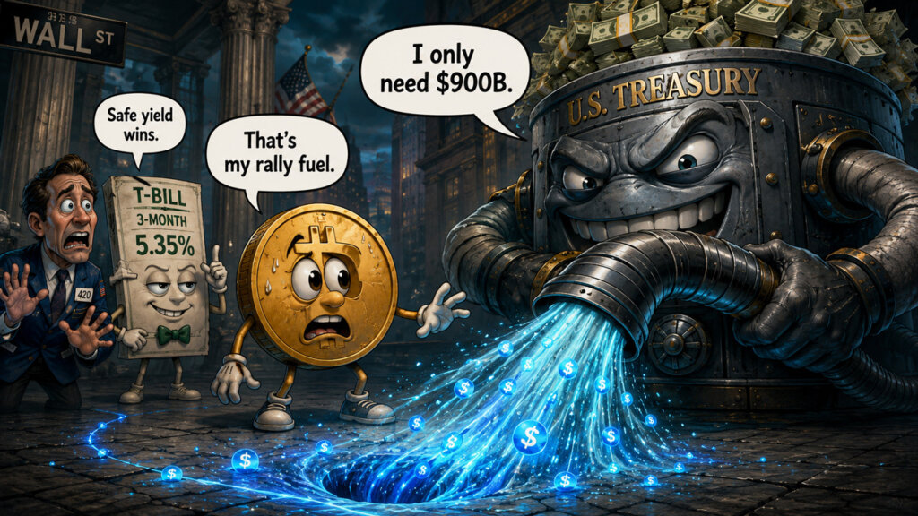 Cartoon showing the US Treasury draining blue liquidity from Wall Street as a Bitcoin character and T-bill react.