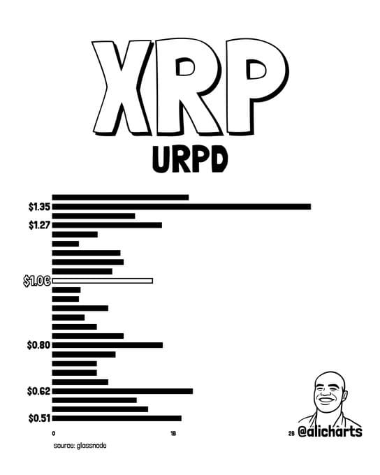 chart shows On-chain data identifies $1.06 as XRP's key near-term support, where more than 830 million tokens previously changed hands, making it a critical level for buyers to defend