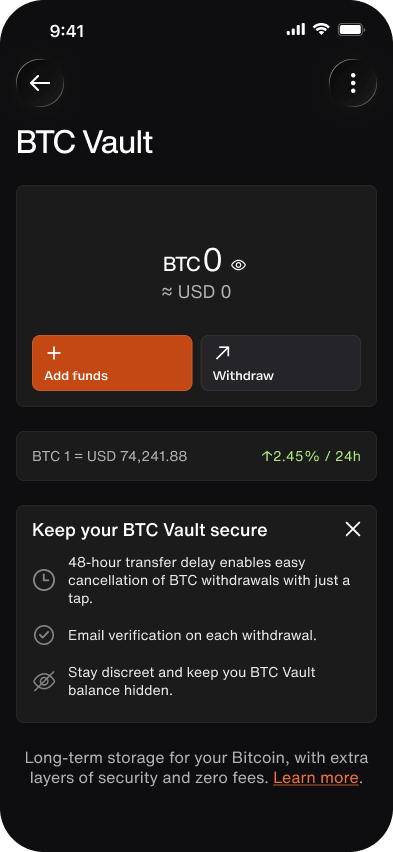 Xapo Bank USD to BTC exchange confirmation screen showing Bitcoin amount, USD cost, exchange rate, and confirm button