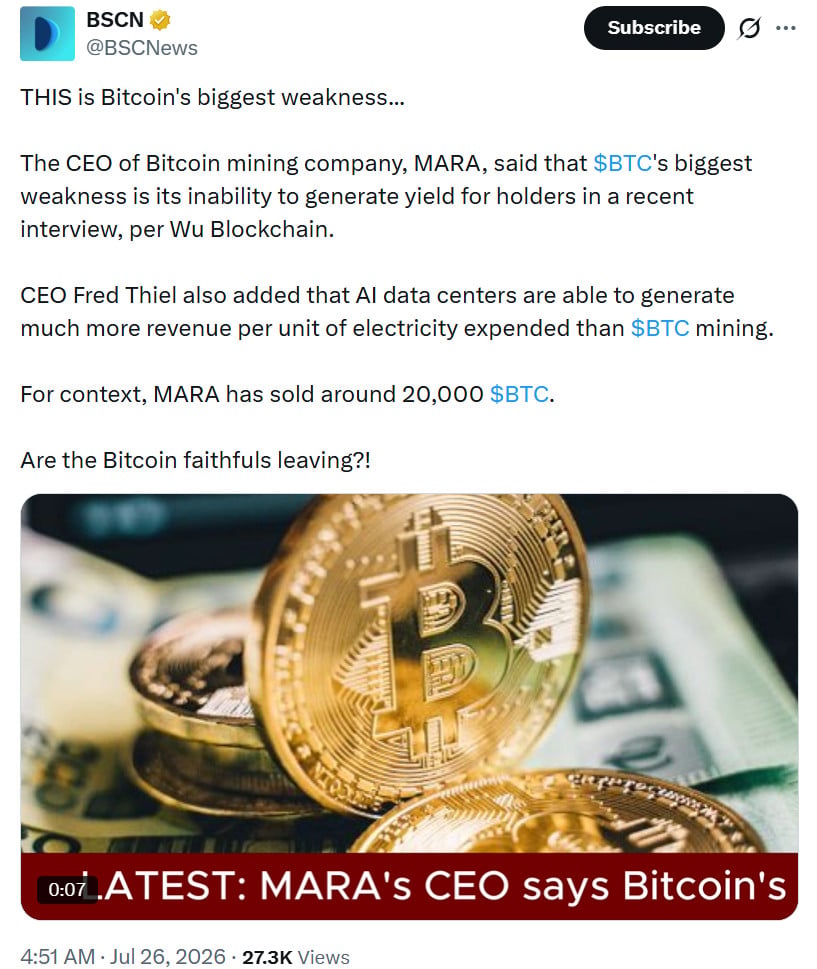 MARA CEO Fred Thiel identified Bitcoin’s inability to generate yield for holders as one of its key weaknesses