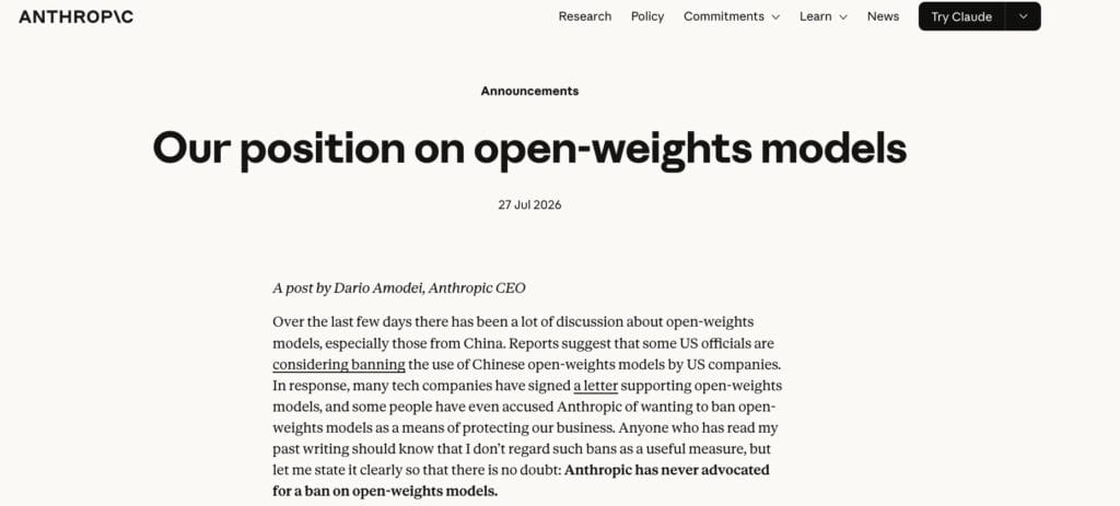 Anyone who has read my past writing should know that I don’t regard such bans as a useful measure, but let me state it clearly so that there is no doubt: Anthropic has never advocated for a ban on open-weights models said dario