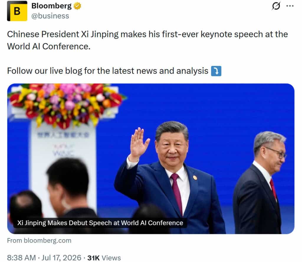 Chinese President Xi Jinping delivered his first keynote address at the 2026 World AI Conference in Shanghai