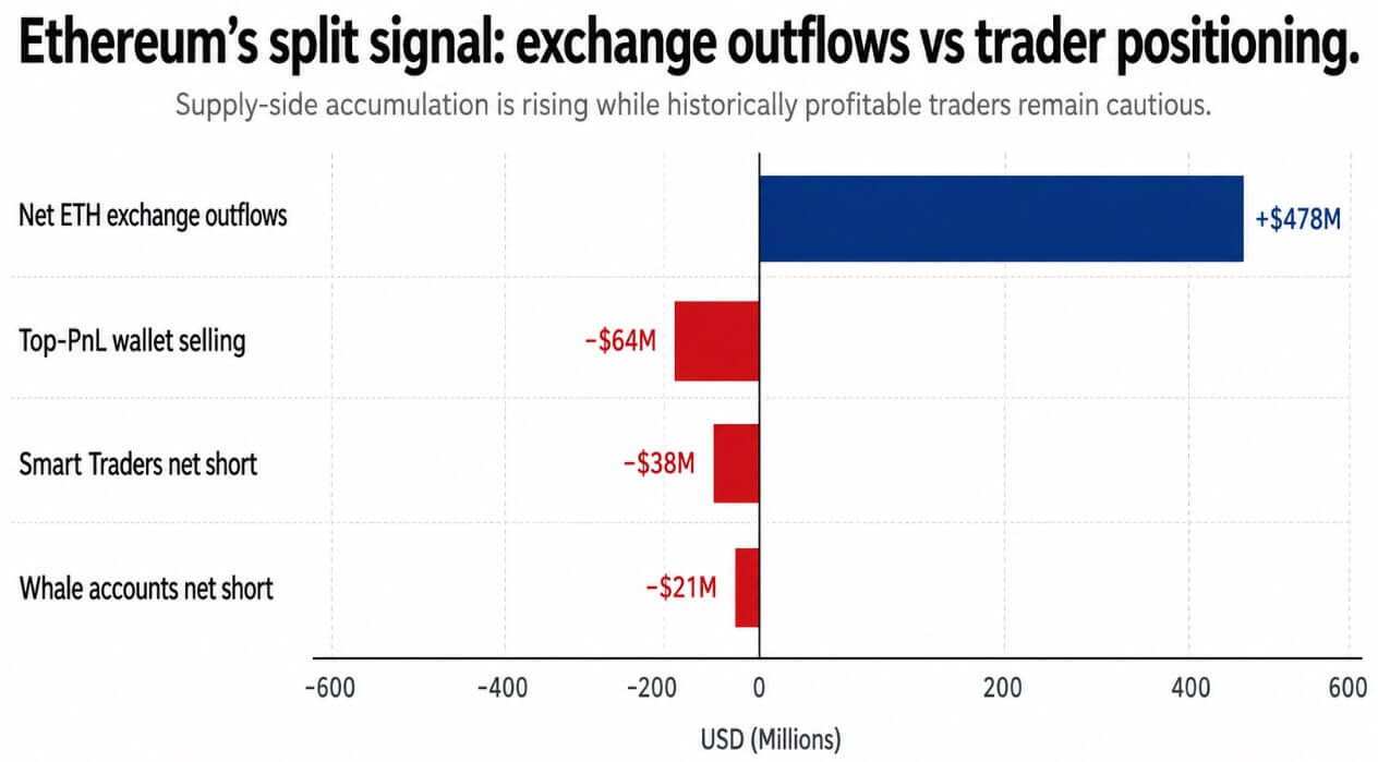 Ethereum's split signal: exchange outflows vs trader positioning