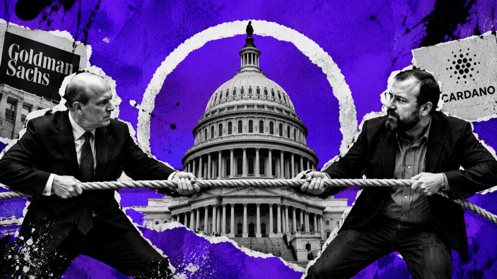 Editorial collage showing Goldman Sachs CEO David Solomon and Cardano founder Charles Hoskinson pulling opposite ends of a rope in front of the U.S. Capitol, symbolizing competing alliances and pressure surrounding the CLARITY Act.