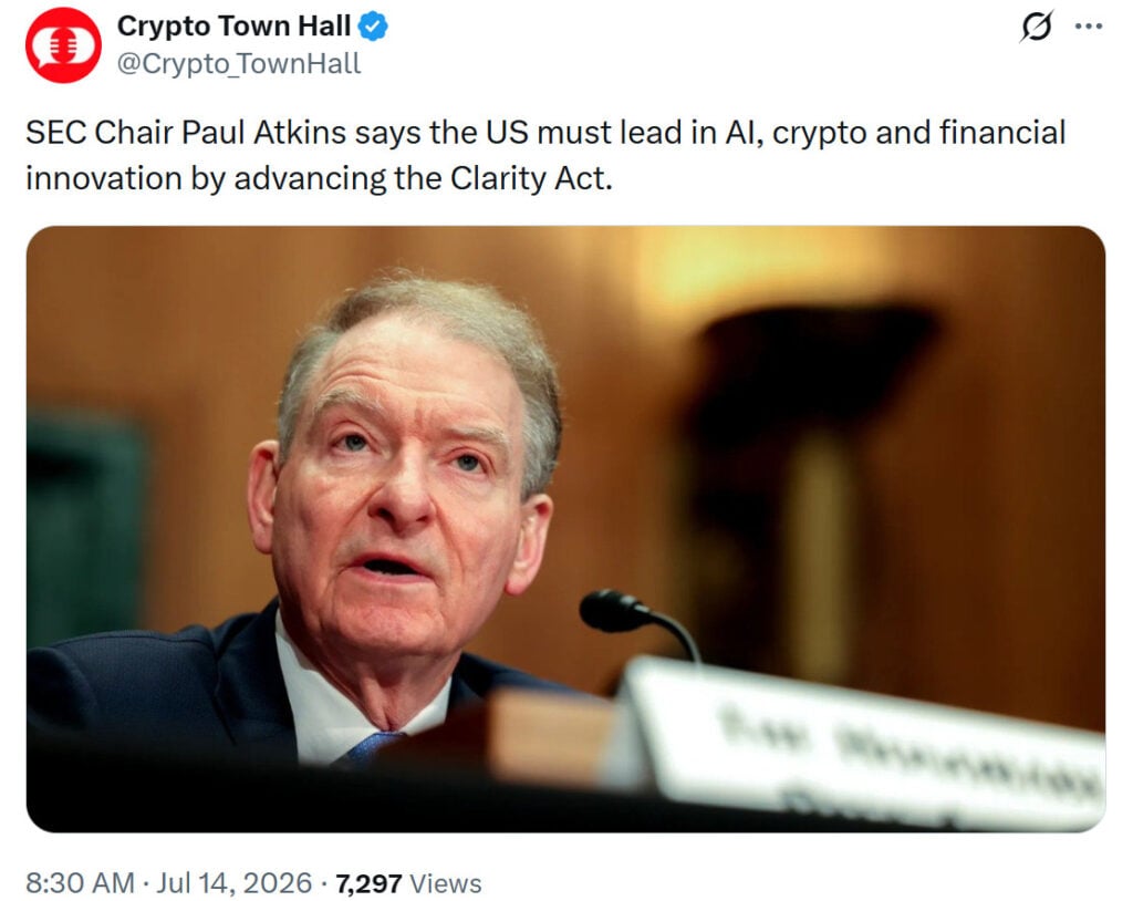 SEC Chair Paul Atkins called on the U.S. to lead global AI, crypto, and financial innovation by passing the CLARITY Act