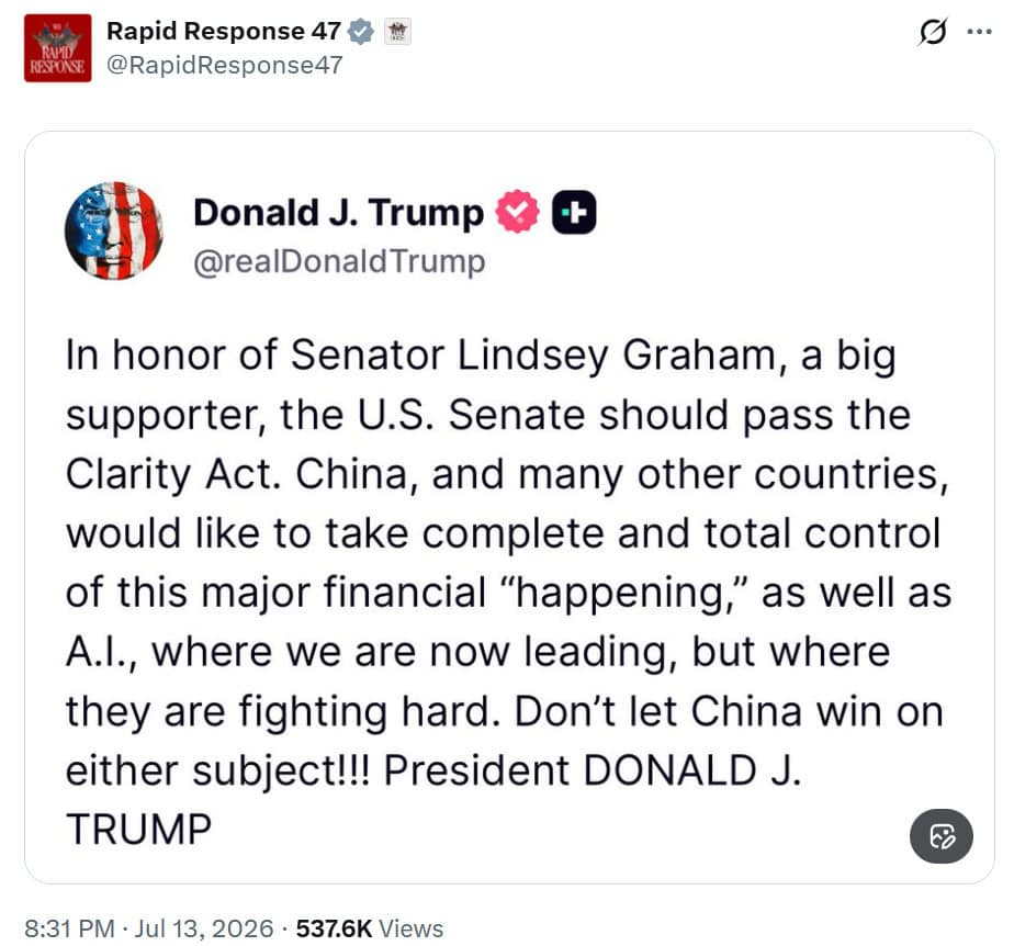 The official White House Rapid Response account shared President Trump's Truth Social post urging the Senate to pass the Digital Asset Market CLARITY Act