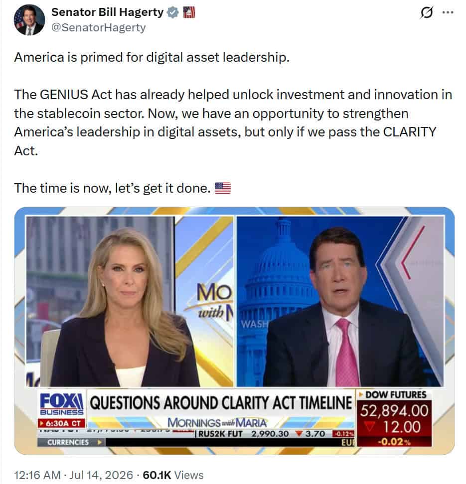 Senator Bill Hagerty urged Congress to pass the CLARITY Act, saying it would build on the GENIUS Act's success in fostering stablecoin innovation and strengthening U.S. dollar leadership