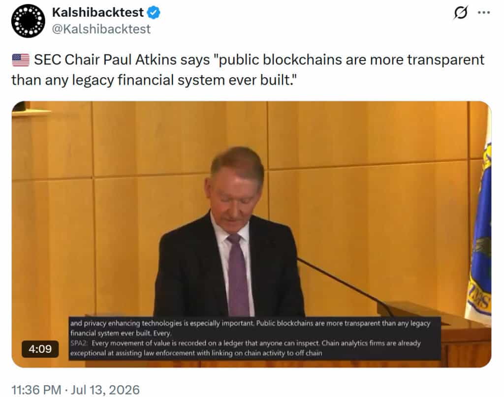 SEC Chair Paul Atkins said public blockchains are more transparent than any legacy financial system ever built
