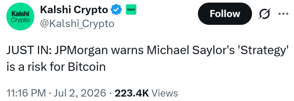 the post shows JP Morgan warned that Strategy's new policy allowing up to $1.25 billion in selective Bitcoin sales could introduce fresh sell pressure and two-way risk to the BTC market