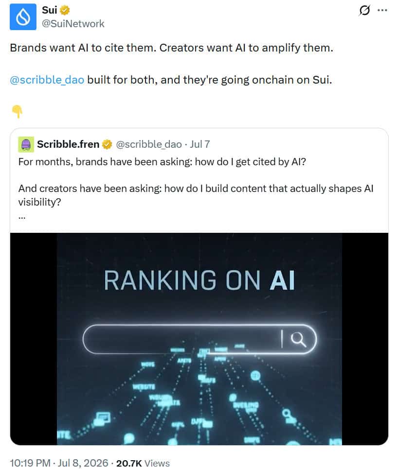 Sui Network announced the on-chain launch of Scribble DAO, a platform designed to help brands and creators improve visibility and citations across AI-powered models
