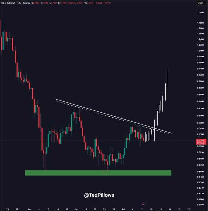 A 12-hour Binance chart shows SUI consolidating above the $0.70 support level, with building bullish momentum pointing to a potential breakout above a descending trendline