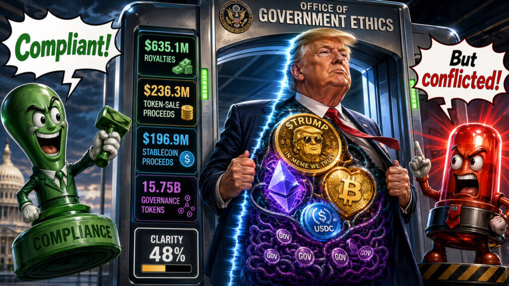 Trump cartoon illustrating CLARITY Act debate over disclosure of President Trump's crypto holdings and financial interests