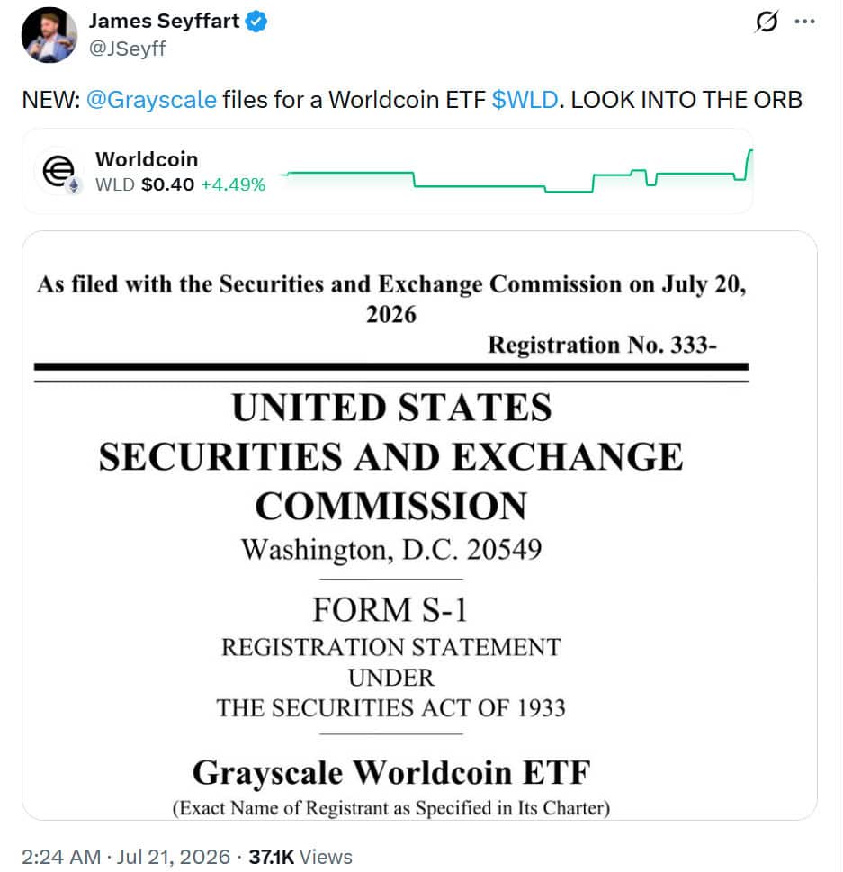 Grayscale filed an SEC Form S-1 registration statement on July 20, 2026, seeking to launch a Worldcoin ETF