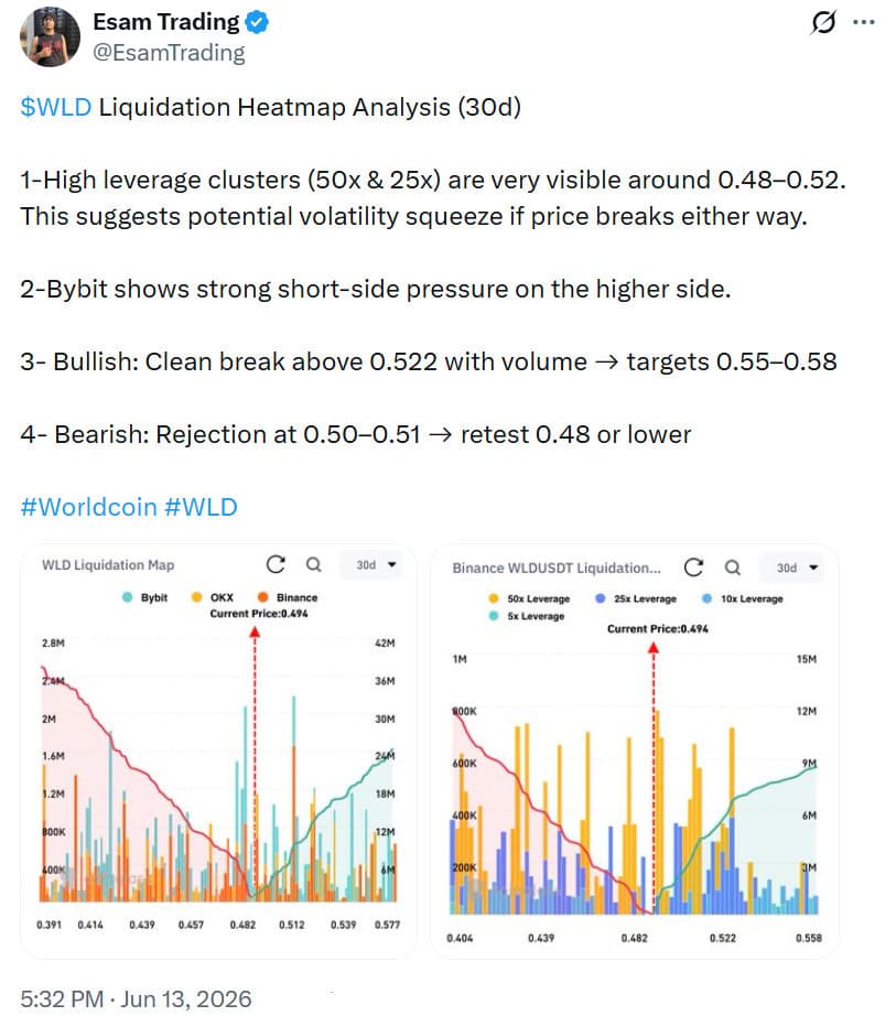 The 30-day Coinglass liquidation heatmap shows dense 25x–50x leveraged positions clustered between $0.48 and $0.52, indicating a key liquidation zone as WLD traded around $0.494