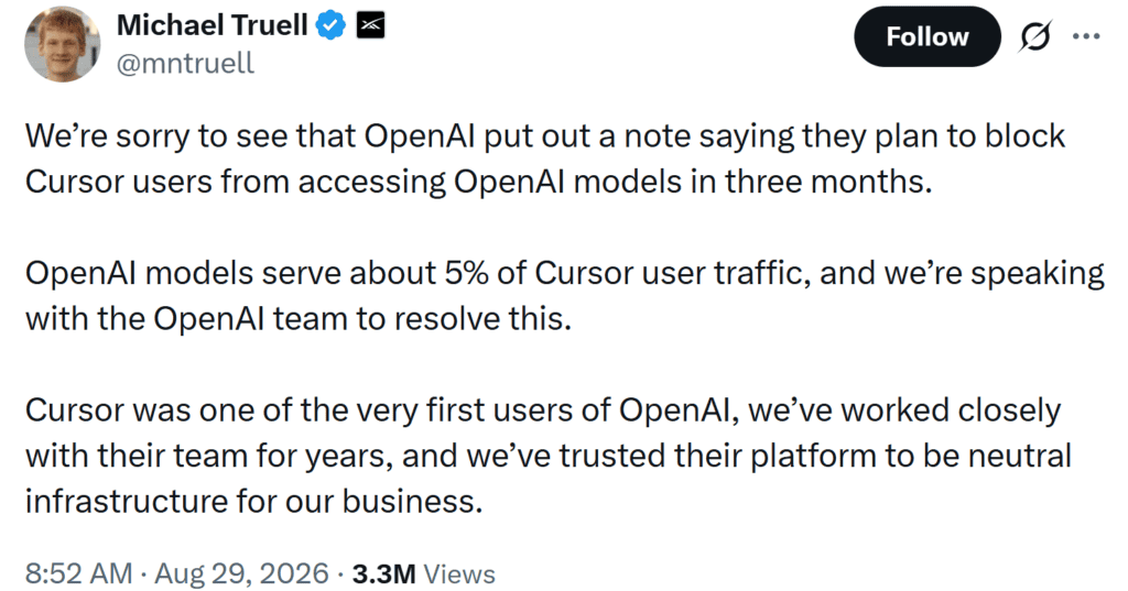 Michael Truell, who is building SpaceXAI and previously led Cursor, responded cautiously to OpenAI’s decision to end model access for Cursor users