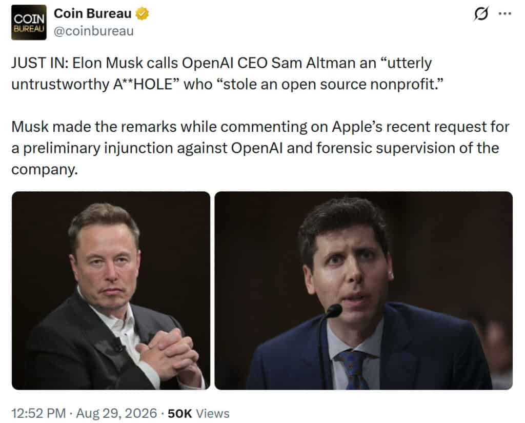 Elon Musk called Sam Altman “utterly untrustworthy,” accusing him of taking over an open-source nonprofit