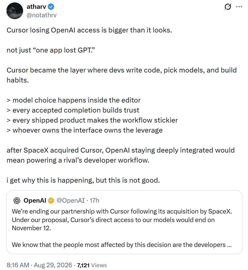 Cursor losing OpenAI access is bigger than it looks. not just “one app lost GPT.”