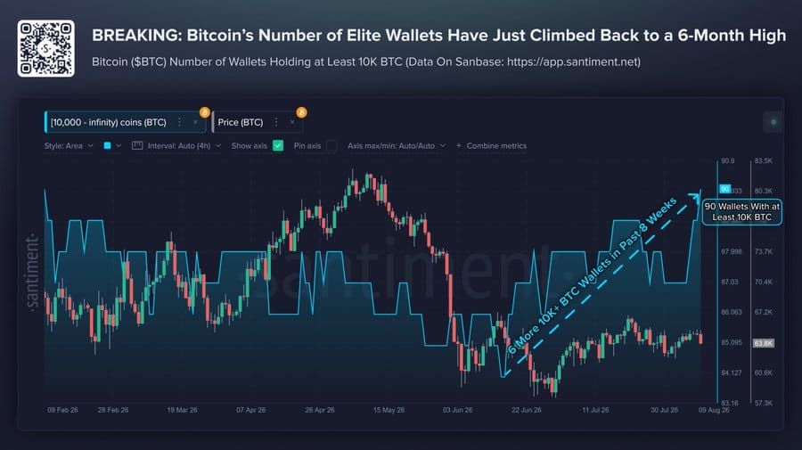 santiment on-chain data chart shows Bitcoin wallets holding 10,000+ BTC reached a six-month high of 90