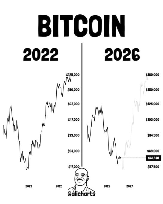 the cycle chart shows Bitcoin peaking near $125K in 2025, declining through 2026