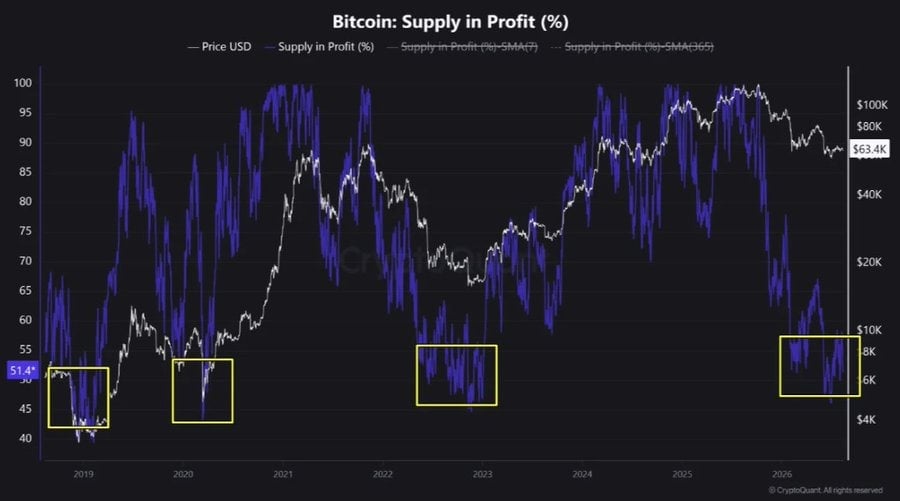 the on-chain data chart shows Short-term holders face substantial unrealized losses, while historically, long-term holders have tended to re-accumulate when profitability falls below 55%