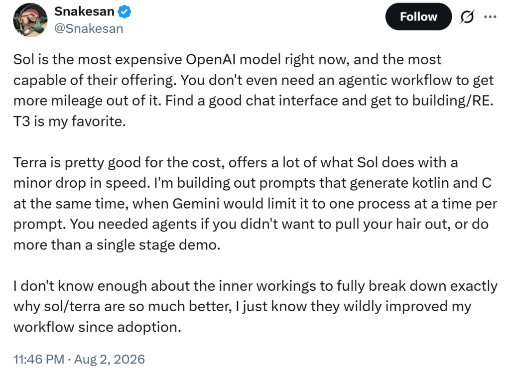 Sol is the most expensive OpenAI model right now, and the most capable of their offering