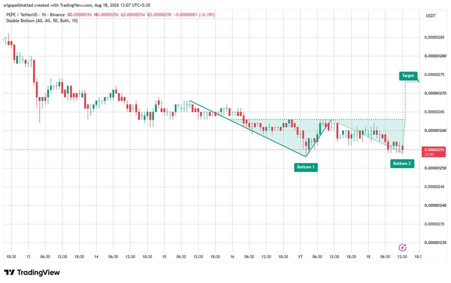the chart shows PEPE is forming a potential double bottom on the 1H chart after defending the $0.00000255 support level twice