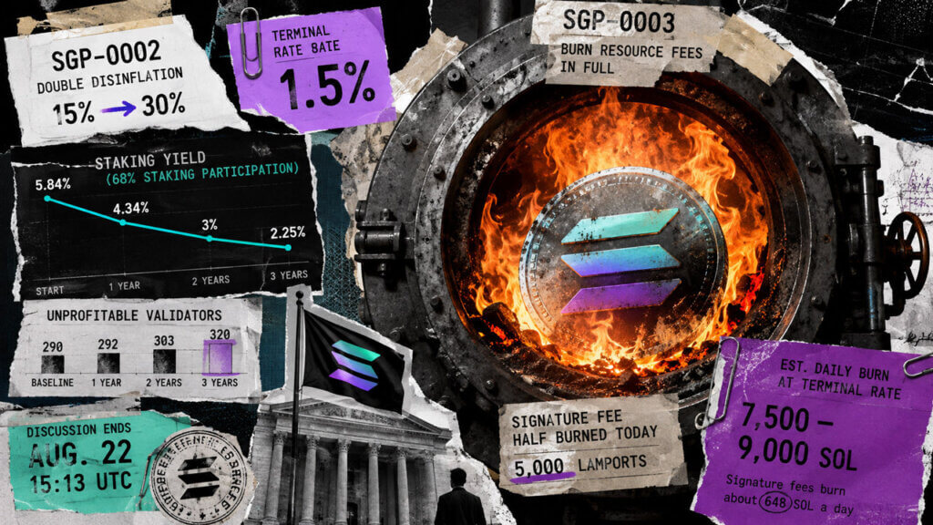 Solana token burns inside an industrial furnace, surrounded by staking-yield charts, validator pressure data, and the Aug. 22 governance deadline.