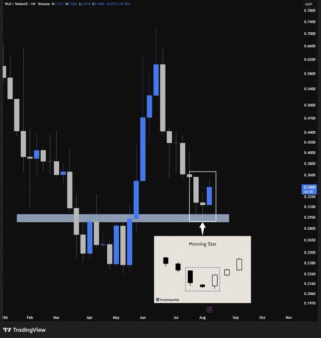 chart shows A potential weekly morning star reversal pattern has emerged near WLD’s $0.30 support