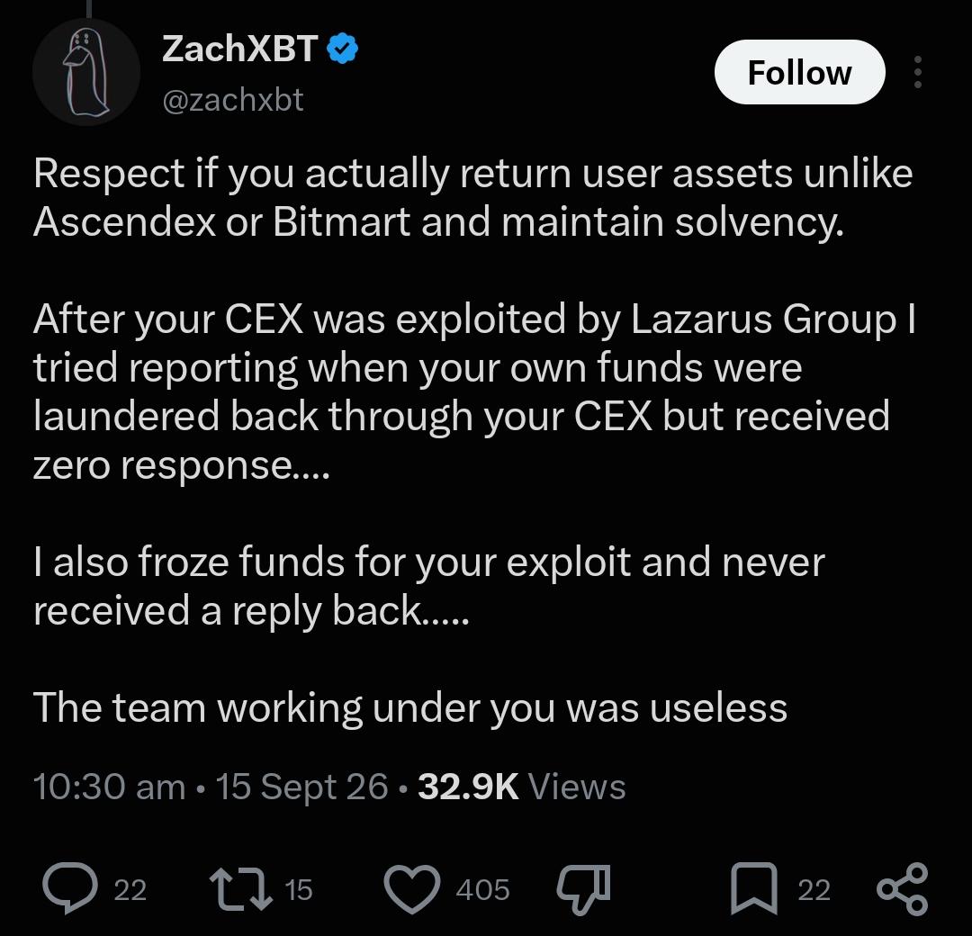 ZachXBT Reacts to CoinEx’s Shutdown And Why It Differs From BitMart’s Exit