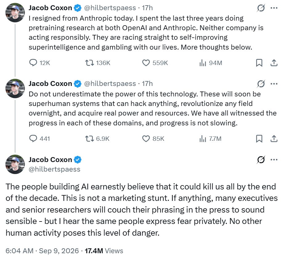 Jacob Coxon, an AI pretraining researcher who worked at OpenAI and Anthropic, resigned over concerns that both labs are recklessly pursuing self-improving superintelligence